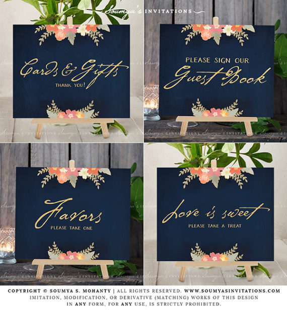 Navy Blue And Gold Blush Pink Coral Peach Wedding Signs Rustic Floral