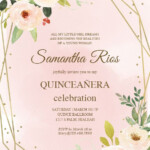 Polygonal Frame And Flowers Quincea era Invitation Template