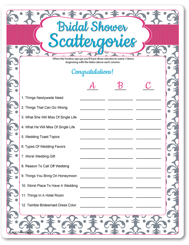 Printable Bridal Shower Scattergories Funsational Printable