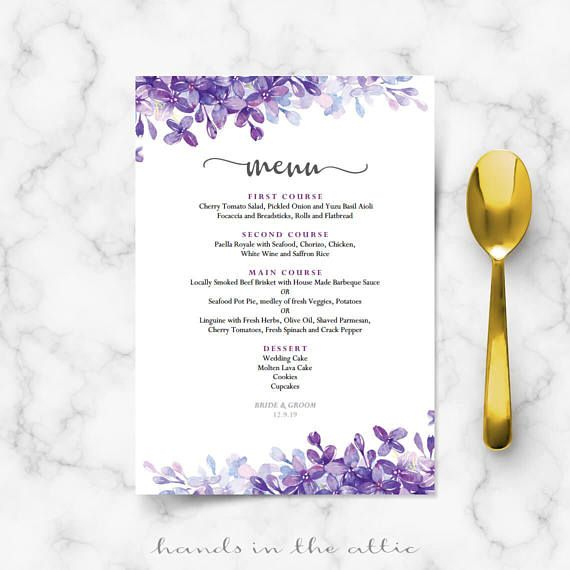 Printable Menu Cards For Weddings Lilac Lavender Periwinkle Wedding