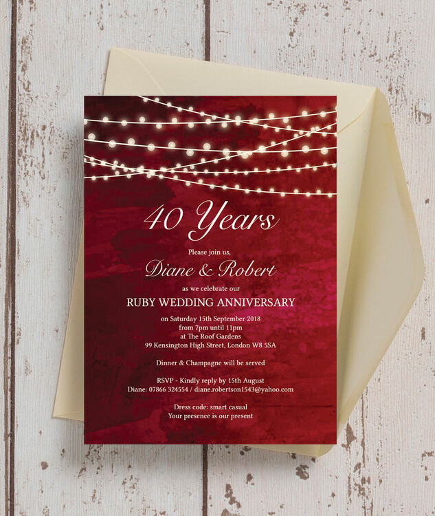 Red Fairy Lights 40th Ruby Wedding Anniversary Invitation From 1 20 Each