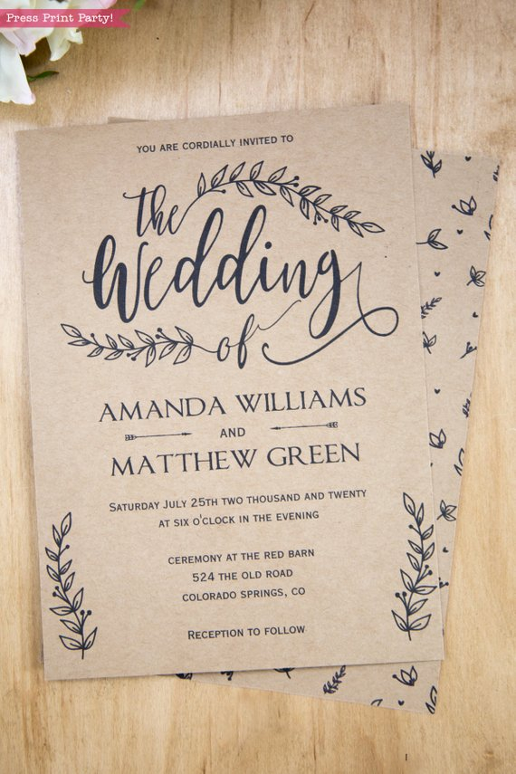 Rustic Wedding Invitation Template Leaf Design Press Print Party 