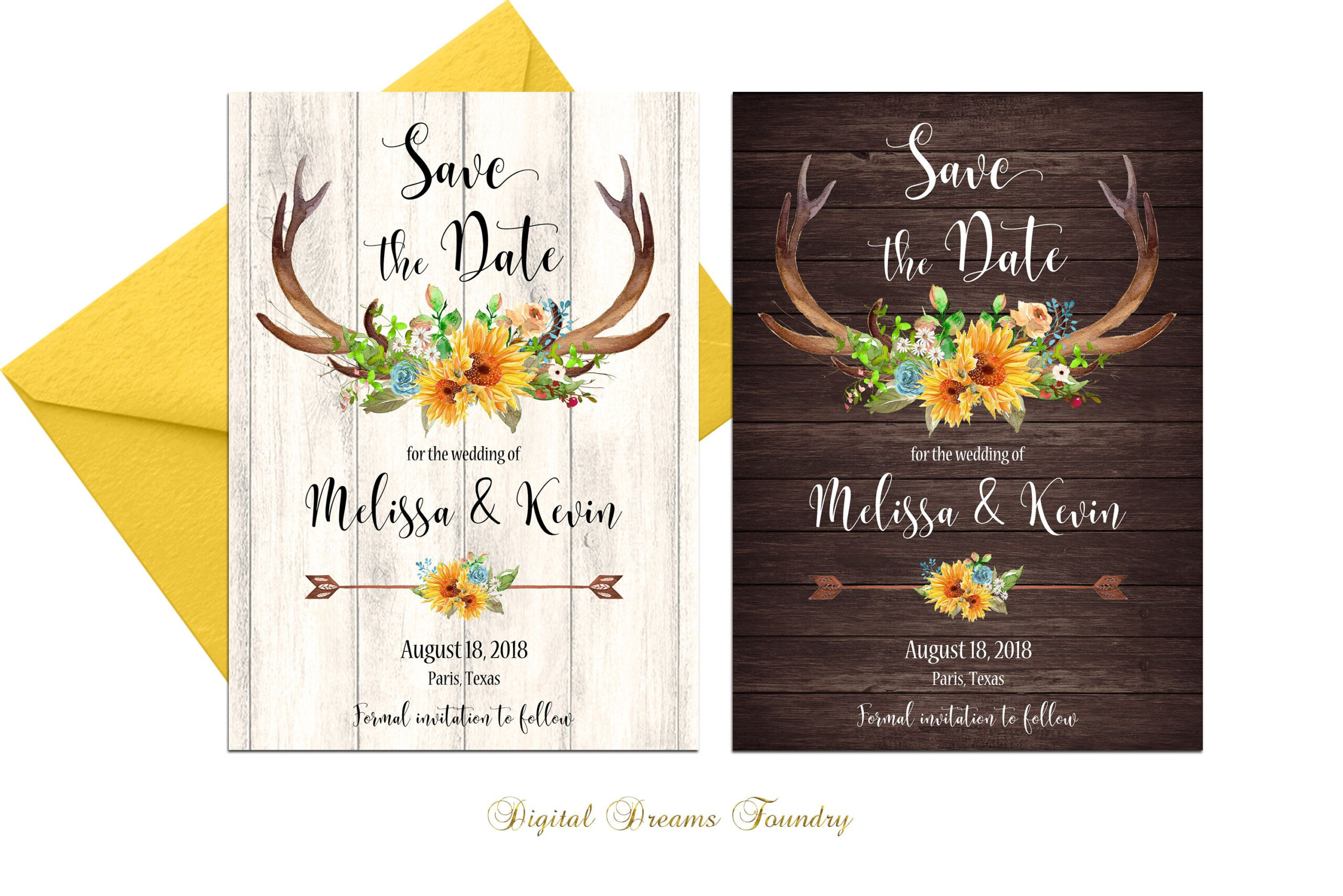 Sunflower Save The Date Invitation Printable Rustic Invitation Antlers 