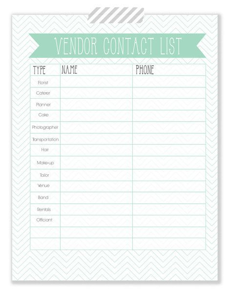 The Woodlands Wedding Blog Wedding Planner Vendor Contact Printable