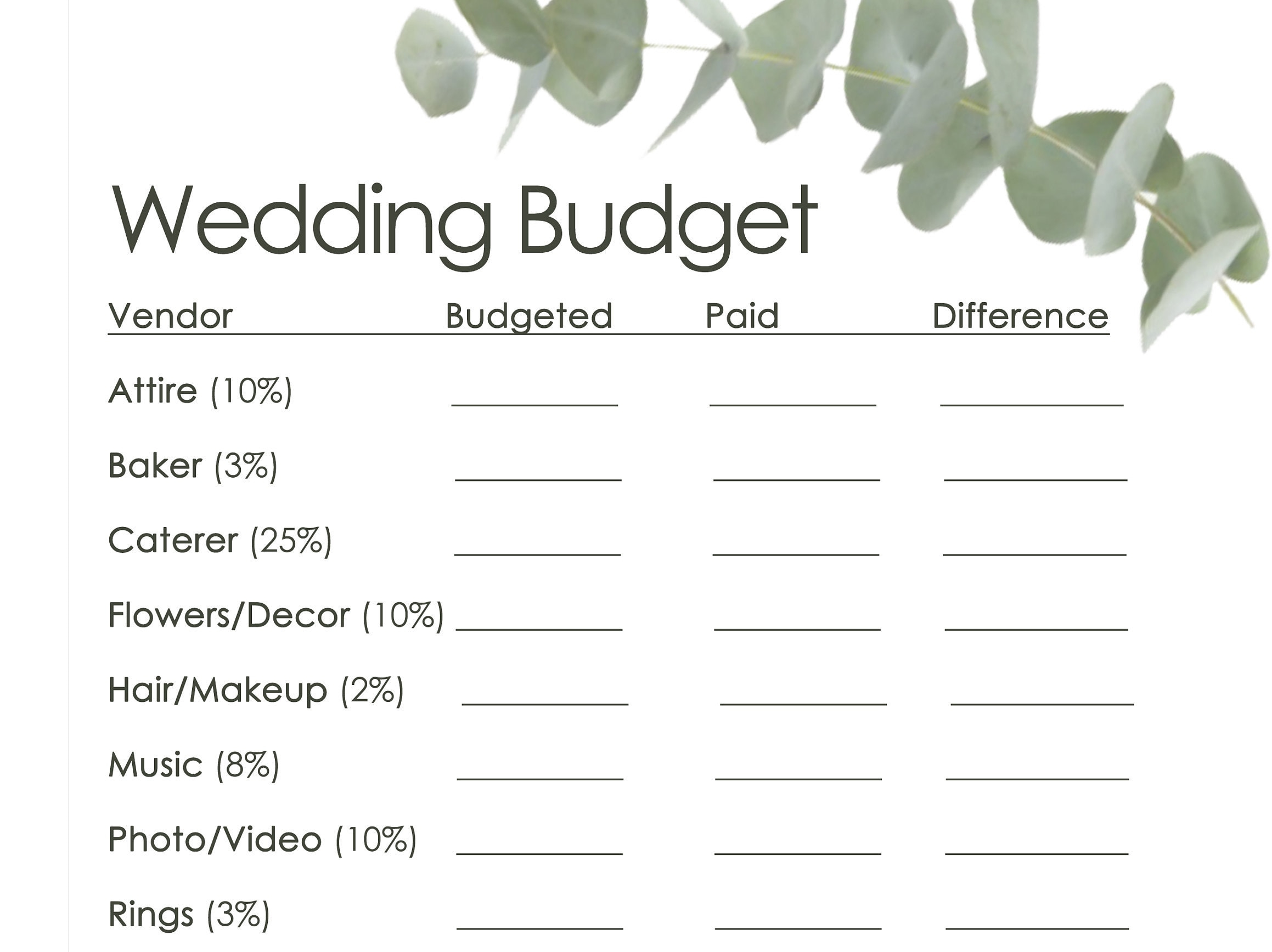 Wedding Budget Worksheet And Vendor Checklists Printable Etsy