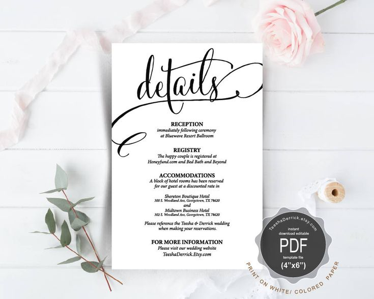 Wedding Details Card PDF Template Instant Download Printable Editable