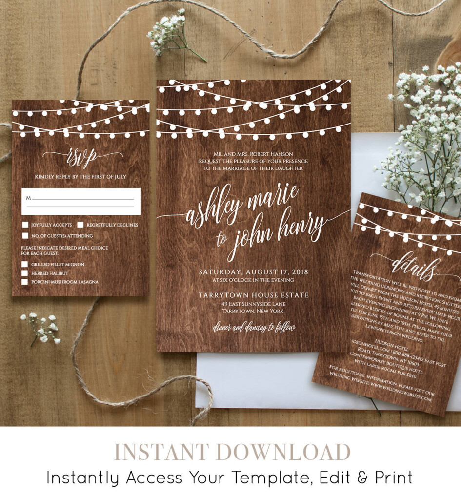 Wedding Invitation Template Printable Rustic Wood String Lights Invite 