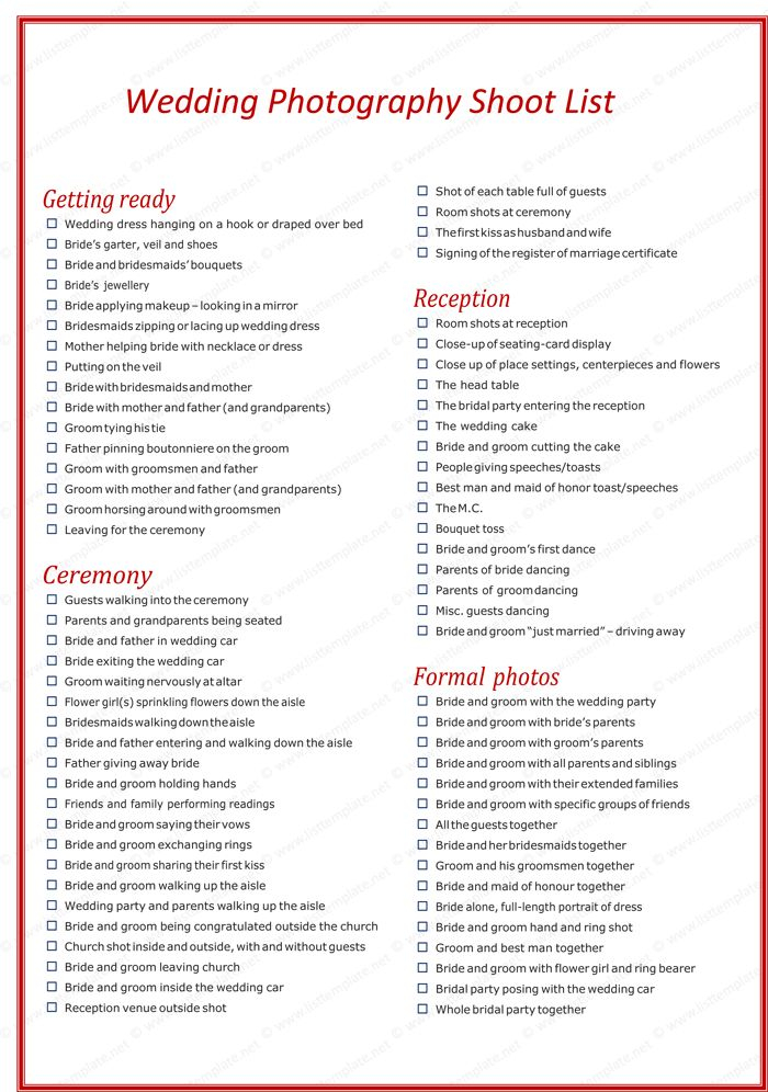 Wedding Photography Shot List Template For Word Wedding Photography 