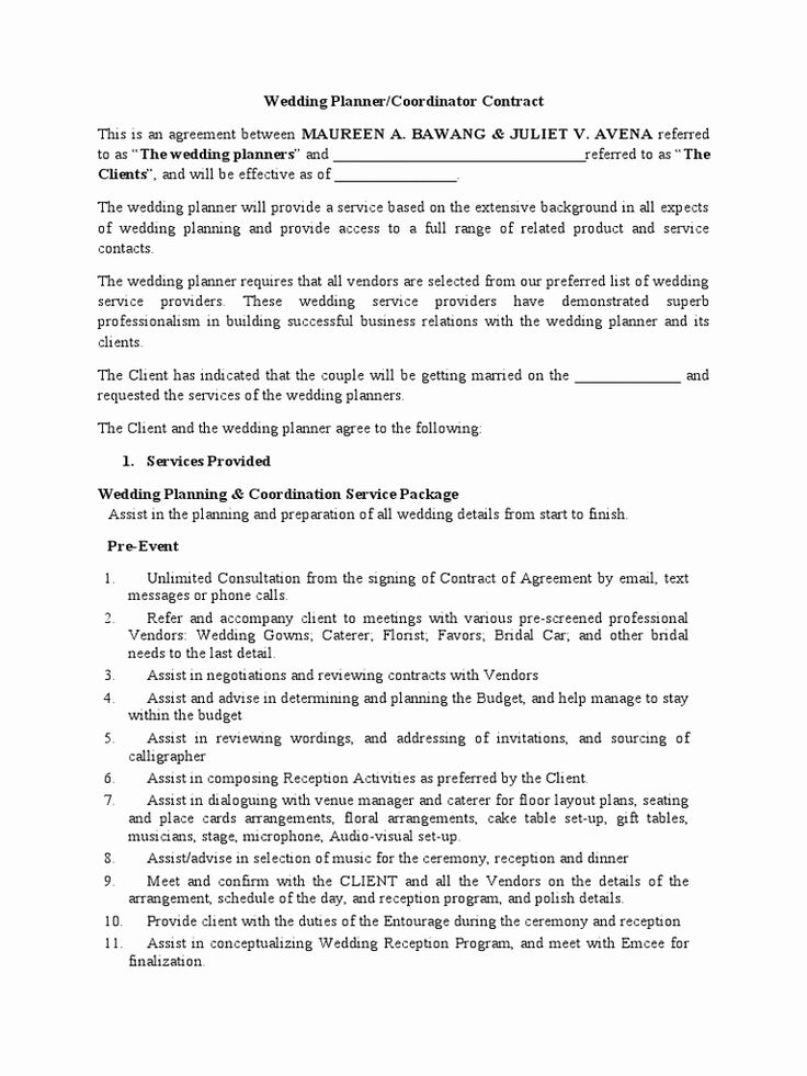 Wedding Planners Contract Template Beautiful Wedding Planner Contract 1 