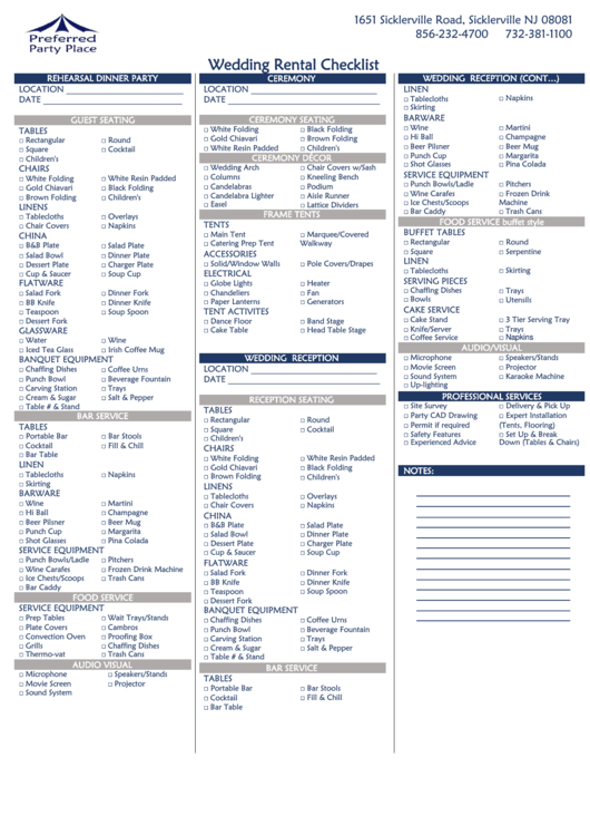 Wedding Rental Checklist Printable Pdf Download