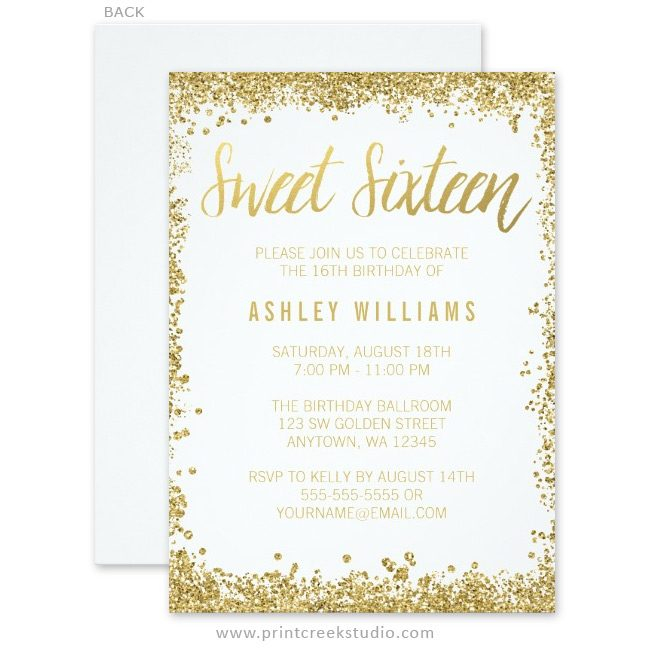 White And Gold Faux Glitter Sweet 16 Invitations Print Creek Studio Inc